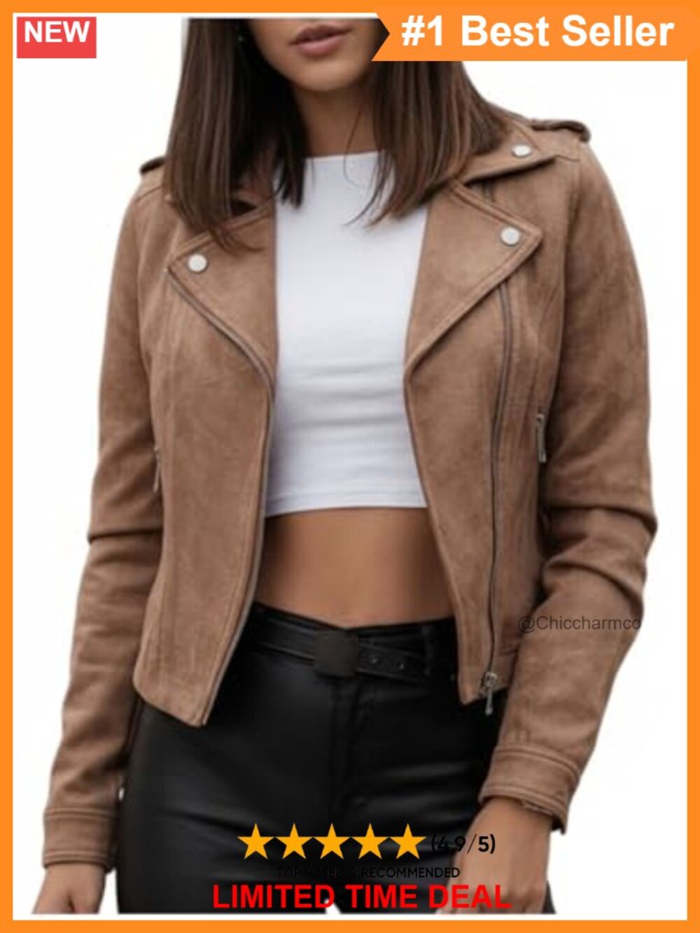 Faux Suede Motorcycle Jacket Zip Up Casual Biker Outerwear
